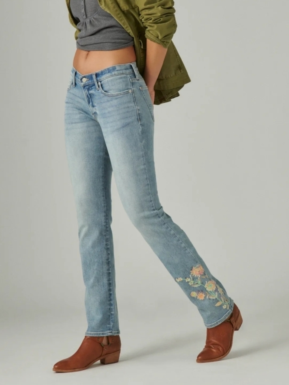 Lucky Brand Light Blue Boot Cut Jeans with Floral Embroidery